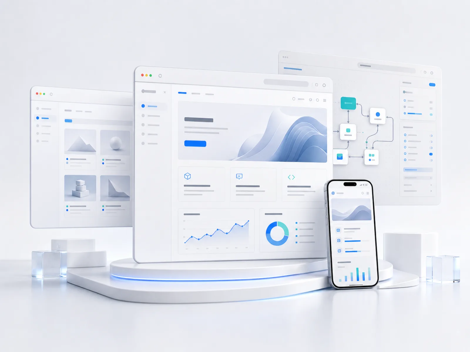 Layered website interfaces and a mobile workflow shown as a sculpted digital studio